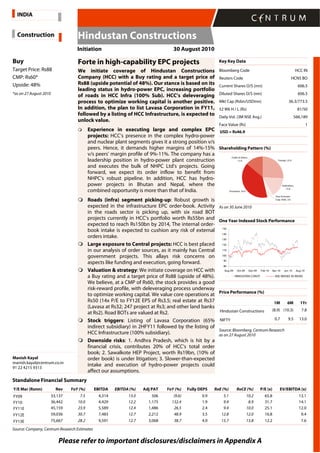 Please refer to important disclosures/disclaimers in Appendix A
Buy
Target Price: Rs88
CMP: Rs60*
Upside: 48%
*as on 27 August 2010
Manish Kayal
manish.kayal@centrum.co.in
91 22 4215 9313
Forte in high-capability EPC projects
We initiate coverage of Hindustan Constructions
Company (HCC) with a Buy rating and a target price of
Rs88 (upside potential of 48%). Our stance is based on its
leading status in hydro-power EPC, increasing portfolio
of roads in HCC Infra (100% Sub). HCC’s deleveraging
process to optimize working capital is another positive.
In addition, the plan to list Lavasa Corporation in FY11,
followed by a listing of HCC Infrastructure, is expected to
unlock value.
Experience in executing large and complex EPC
projects: HCC’s presence in the complex hydro-power
and nuclear plant segments gives it a strong position v/s
peers. Hence, it demands higher margins of 14%-15%
v/s peers’ margin profile of 9%-11%. The company has a
leadership position in hydro-power plant construction
and executes the bulk of NHPC Ltd’s projects. Going
forward, we expect its order inflow to benefit from
NHPC’s robust pipeline. In addition, HCC has hydro-
power projects in Bhutan and Nepal, where the
combined opportunity is more than that of India.
Roads (infra) segment picking-up: Robust growth is
expected in the infrastructure EPC order-book. Activity
in the roads sector is picking up, with six road BOT
projects currently in HCC’s portfolio worth Rs55bn and
expected to reach Rs150bn by 2014, The internal order-
book intake is expected to cushion any risk of external
orders intake.
Large exposure to Central projects: HCC is best placed
in our analysis of order sources, as it mainly has Central
government projects. This allays risk concerns on
aspects like funding and execution, going forward.
Valuation & strategy: We initiate coverage on HCC with
a Buy rating and a target price of Rs88 (upside of 48%).
We believe, at a CMP of Rs60, the stock provides a good
risk-reward profile, with deleveraging process underway
to optimize working capital. We value core operations at
Rs50 (14x P/E to FY12E EPS of Rs3.5; real estate at Rs37
(Lavasa at Rs32; 247 project at Rs3; and other land banks
at Rs2). Road BOTs are valued at Rs2.
Stock triggers: Listing of Lavasa Corporation (65%
indirect subsidiary) in 2HFY11 followed by the listing of
HCC Infrastructure (100% subsidiary).
Downside risks: 1. Andhra Pradesh, which is hit by a
financial crisis, contributes 20% of HCC’s total order
book; 2. Sawalkote HEP Project, worth Rs19bn, (10% of
order book) is under litigation; 3. Slower-than-expected
intake and execution of hydro-power projects could
affect our assumptions.
Key Key Data
Bloomberg Code HCC IN
Reuters Code HCNS BO
Current Shares O/S (mn) 606.5
Diluted Shares O/S (mn) 606.5
Mkt Cap (Rsbn/USDmn) 36.3/773.5
52 Wk H / L (Rs) 81/50
Daily Vol. (3M NSE Avg.) 566,189
Face Value (Rs) 1
USD = Rs46.9
Shareholding Pattern (%)
Foreign, 25.9
Non Promoter
Corp. Hold., 4.6
Institutions,
15.8
Promoters, 39.9
Public & Others,
13.9
As on 30 June 2010
One Year Indexed Stock Performance
80
90
100
110
120
130
140
150
Aug-09 Oct-09 Dec-09 Feb-10 Apr-10 Jun-10 Aug-10
HINDUSTAN CONST BSE SENSEX 30 INDEX
Price Performance (%)
1M 6M 1Yr
Hindustan Constructions (8.9) (10.3) 7.8
NIFTY 0.7 9.5 13.0
Source: Bloomberg, Centrum Research
as on 27 August 2010
Standalone Financial Summary
Y/E Mar (Rsmn) Rev YoY (%) EBITDA EBITDA (%) Adj PAT YoY (%) Fully DEPS RoE (%) RoCE (%) P/E (x) EV/EBITDA (x)
FY09 33,137 7.5 4,314 13.0 506 (9.6) 0.9 5.1 10.2 65.8 13.1
FY10 36,442 10.0 4,429 12.2 1,175 132.4 1.9 9.4 8.9 31.7 14.1
FY11E 45,159 23.9 5,589 12.4 1,486 26.5 2.4 9.4 10.0 25.1 12.0
FY12E 59,036 30.7 7,483 12.7 2,212 48.9 3.5 12.8 12.0 16.8 9.4
FY13E 75,667 28.2 9,591 12.7 3,068 38.7 4.9 15.7 13.8 12.2 7.6
Source: Company, Centrum Research Estimates
Construction
Initiation 30 August 2010
INDIA
Hindustan Constructions
 