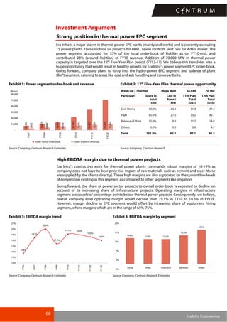 68
Era Infra Engineering
Investment Argument
Strong position in thermal power EPC segment
Era Infra is a major player in thermal power EPC works (mainly civil works) and is currently executing
15 power plants. These include six projects for BHEL, seven for NTPC and two for Adani Power. The
power segment accounted for 33% of the total order-book of Rs85bn as on FY10-end, and
contributed 28% (around Rs9.6bn) of FY10 revenue. Addition of 70,000 MW in thermal power
capacity is targeted over the 12th
Five-Year Plan period (FY12-17). We believe this translates into a
huge opportunity that would result in healthy growth for Era Infra’s power segment EPC order-book.
Going forward, company plans to foray into the hydro-power EPC segment and balance of plant
(BoP) segment, catering to areas like coal and ash handling and conveyer belts.
Exhibit 1: Power segment order-book and revenue Exhibit 2: 12th
Five-Year Plan thermal power opportunity
10,502
15,678
19,493
32,782
51,037
75,375
3,852
6,880
9,638
11,933
13,339
15,663
-
15,000
30,000
45,000
60,000
75,000
90,000
FY07
FY08
FY09
FY10
FY11E
FY12E
(Rsmn) .
Power Sector Order book Power Segment Revenue
Break-up – Thermal Mega Watt 58,644 70,160
Particulars Share in
total
cost
Cost in
Rsmn /
MW
11th Plan
Total
(US$)
12th Plan
Total
(US$)
Civil Works 40.0% 24.0 31.3 37.4
P&M 45.0% 27.0 35.2 42.1
Balance of Plant 15.0% 9.0 11.7 14.0
Others 5.0% 3.0 3.9 4.7
Total 105.0% 60.0 82.1 98.2
Source: Company, Centrum Research Estimates Source: Company, Centrum Research
High EBIDTA margin due to thermal power projects
Era Infra’s contracting work for thermal power plants commands robust margins of 18-19% as
company does not have to bear price rise impact of raw materials such as cement and steel (these
are supplied by the clients directly). These high margins are also supported by the current low levels
of competition existing in this segment as compared to other segments like irrigation.
Going forward, the share of power sector projects to overall order-book is expected to decline on
account of its increasing share of infrastructure projects. Operating margins in infrastructure
segment are couple of percentage points below thermal power projects. Consequently, we believe,
overall company level operating margin would decline from 19.1% in FY10 to 18.6% in FY12E.
However, margin decline in EPC segment would offset by increasing share of equipment hiring
segment, where margins which are in the range of 65%-75%.
Exhibit 3: EBITDA margin trend Exhibit 4: EBITDA margin by segment
15.6%
18.5%
20.0%
17.4%
19.1% 19.0%
18.6%
18.0%
14%
15%
16%
17%
18%
19%
20%
21%
FY06
FY07
FY08
FY09
FY10
FY11E
FY12E
FY13E
14.0% 13.5% 13.5%
15.5%
18.5%
-3%
2%
7%
12%
17%
22%
Social Road Industrial Railways Power
Source: Company, Centrum Research Estimates Source: Company, Centrum Research Estimates
 