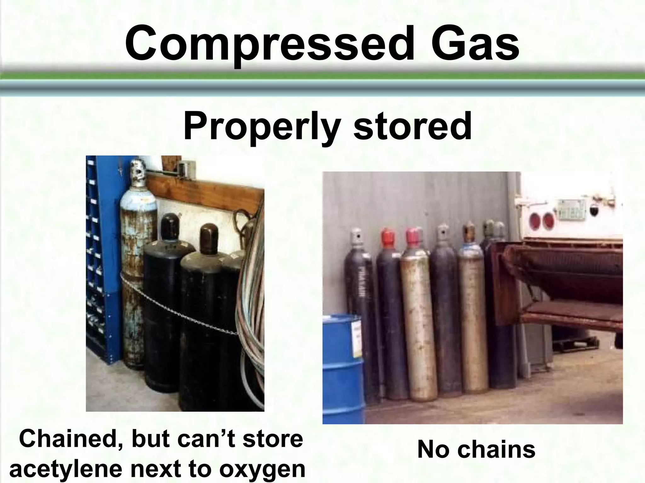 Compressed Gas
Properly stored
No chainsChained, but can’t store
acetylene next to oxygen
 
