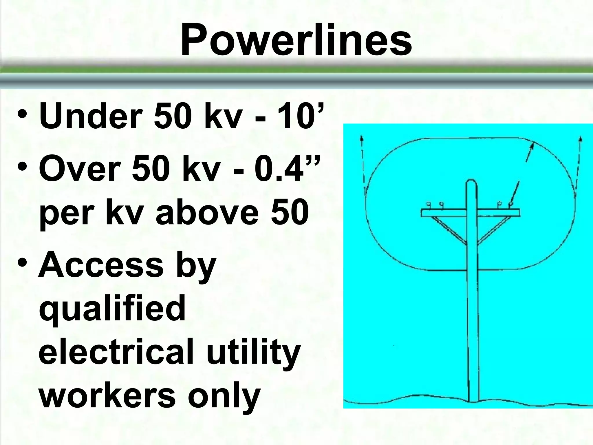 Powerlines
• Under 50 kv - 10’
• Over 50 kv - 0.4”
per kv above 50
• Access by
qualified
electrical utility
workers only
 