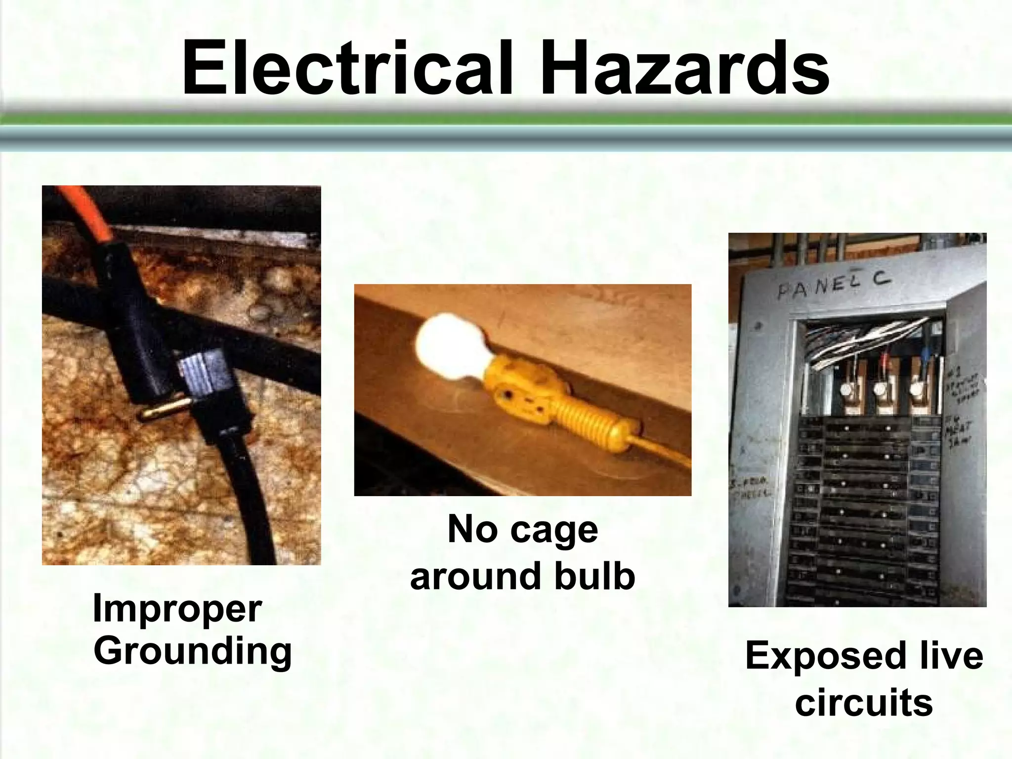 Electrical Hazards
Improper
Grounding
No cage
around bulb
Exposed live
circuits
 