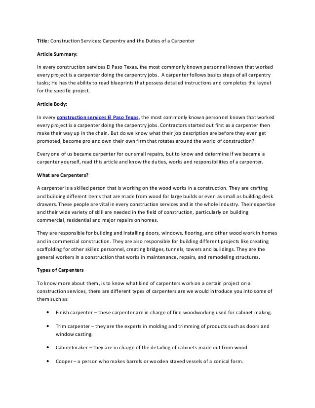 construction services carpentry and the duties of a carpenter carpenter job description