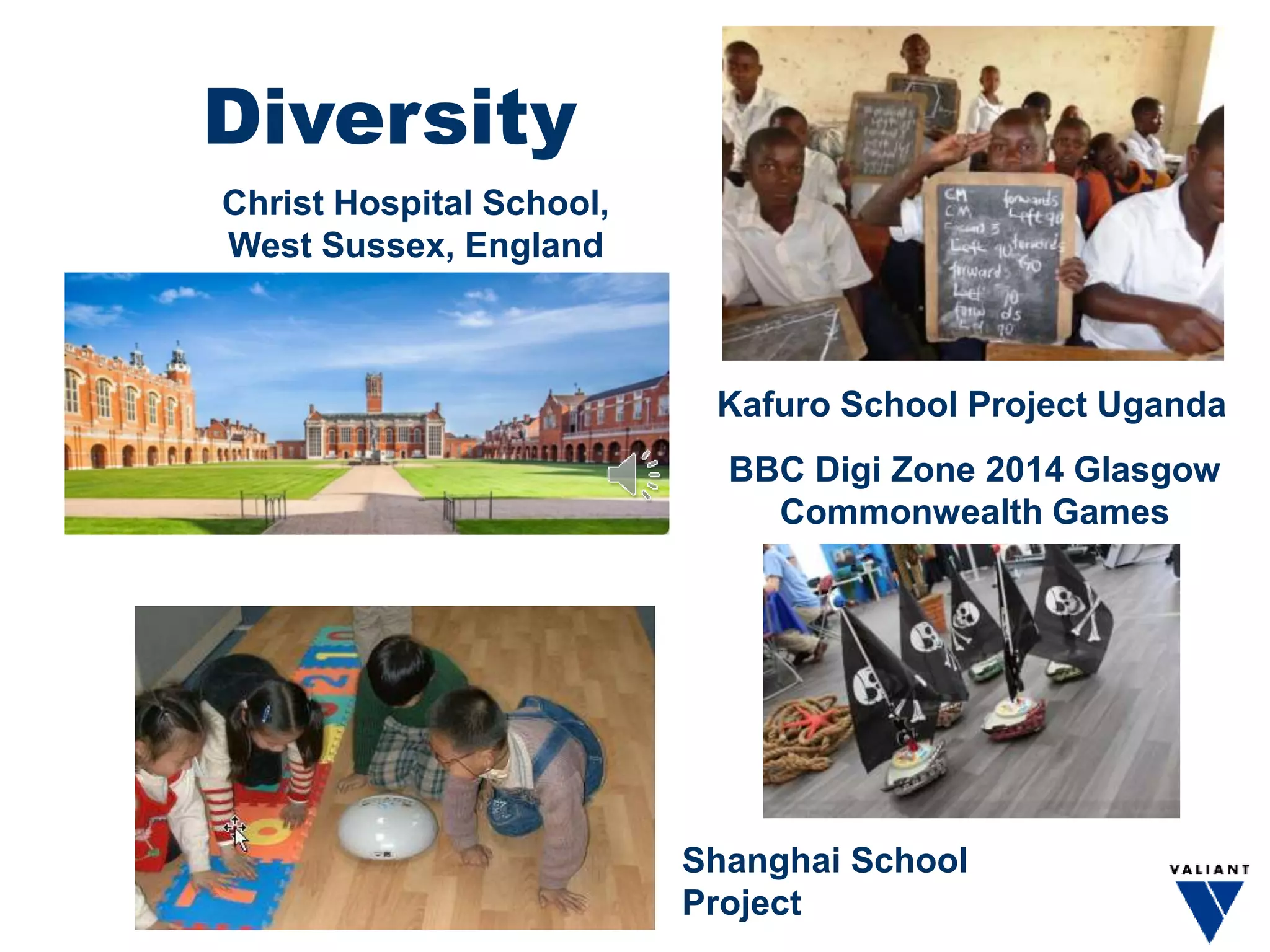 Diversity
BBC Digi Zone 2014 Glasgow
Commonwealth Games
Kafuro School Project Uganda
Christ Hospital School,
West Sussex, England
Shanghai School
Project
 