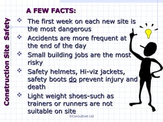 ©Consultnet Ltd
 The first week on each new site is
The first week on each new site is
the most dangerous
the most dangerous
 Accidents are more frequent at
Accidents are more frequent at
the end of the day
the end of the day
 Small building jobs are the most
Small building jobs are the most
risky
risky
 Safety helmets, Hi-viz jackets,
Safety helmets, Hi-viz jackets,
safety boots
safety boots do
do prevent injury and
prevent injury and
death
death
 Light weight shoes-such as
Light weight shoes-such as
trainers or runners are not
trainers or runners are not
suitable on site
suitable on site
Construction
Construction
Site
Site
Safety
Safety
A FEW FACTS:
A FEW FACTS:
 