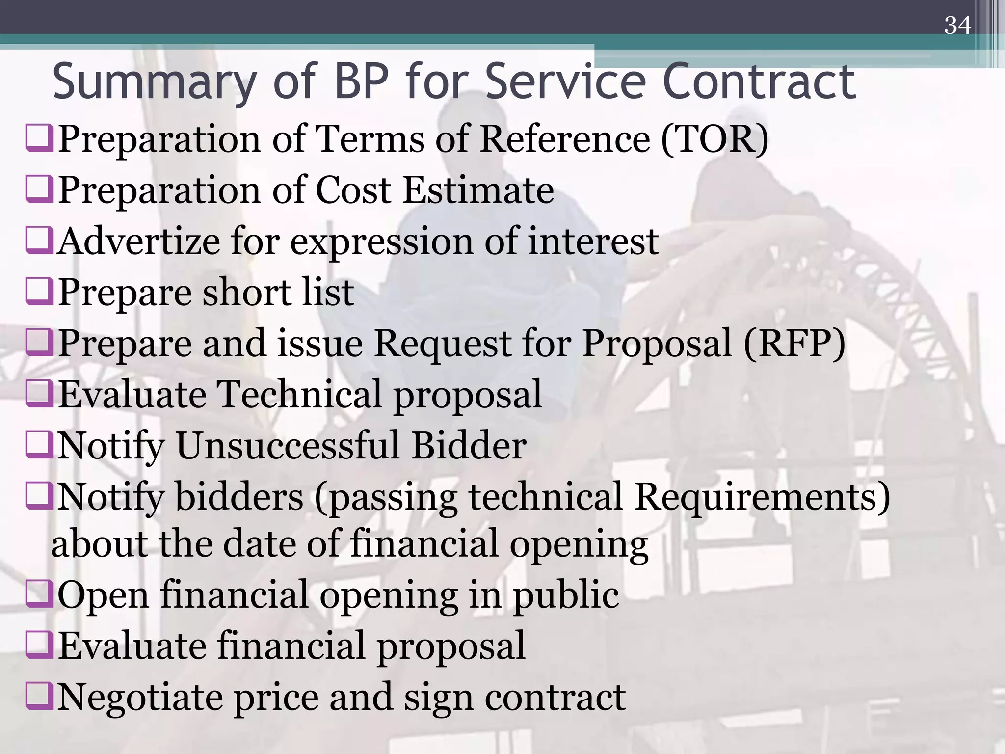 Summary of BP for Service Contract
Preparation of Terms of Reference (TOR)
Preparation of Cost Estimate
Advertize for expression of interest
Prepare short list
Prepare and issue Request for Proposal (RFP)
Evaluate Technical proposal
Notify Unsuccessful Bidder
Notify bidders (passing technical Requirements)
about the date of financial opening
Open financial opening in public
Evaluate financial proposal
Negotiate price and sign contract
34
 