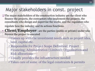 Major stakeholders in const. project
The major stakeholders of the construction industry are the client who
finance the projects, the contractors who implement the projects, the
consultants who design and supervise the works, and the regulators who
regulate how the industry and its actions functions.
• Client/Employer: are the parties (public or private) under who
finance the project is executed
Comes up with the investment needs such as project idea,
land, capital etc.
Responsible for Project Scope Definition; Project
Financing; Administration (Limited); Organization and
Risk allocations
Usually provides the infrastructure needed
Takes care of some of the legal constraints & permits
55
 