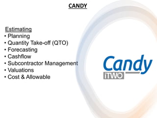 CANDY
Estimating
• Planning
• Quantity Take-off (QTO)
• Forecasting
• Cashflow
• Subcontractor Management
• Valuations
• Cost & Allowable
 