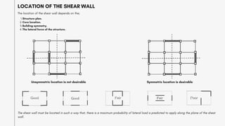 LOCATION OF THE SHEAR WALL
The location of the shear wall depends on the;
Structure plan.
1.
Core location.
2.
Building symmetry.
3.
The lateral force of the structure.
4.
Unsymmetric location is not desirable Symmetric location is desirable
The shear wall must be located in such a way that, there is a maximum probability of lateral load is predicted to apply along the plane of the shear
wall.
 