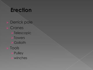 


Derrick pole
Cranes
 Telescopic

 Towers
 Goliath


Tools
 Pulley
 winches

 