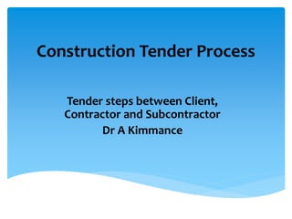 Construction Tender Process
Tender steps between Client,
Contractor and Subcontractor
Dr A Kimmance
 