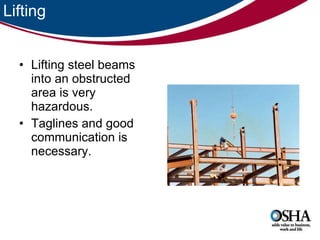 Lifting Lifting steel beams into an obstructed area is very hazardous.  Taglines and good communication is necessary.  