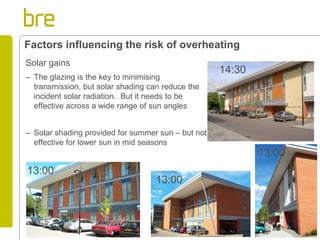 Solar gains 
–The glazing is the key to minimising transmission, but solar shading can reduce the incident solar radiation. But it needs to be effective across a wide range of sun angles 
–Solar shading provided for summer sun – but not effective for lower sun in mid seasons 
Factors influencing the risk of overheating 
13:00 
13:00 
13:00 
14:30  