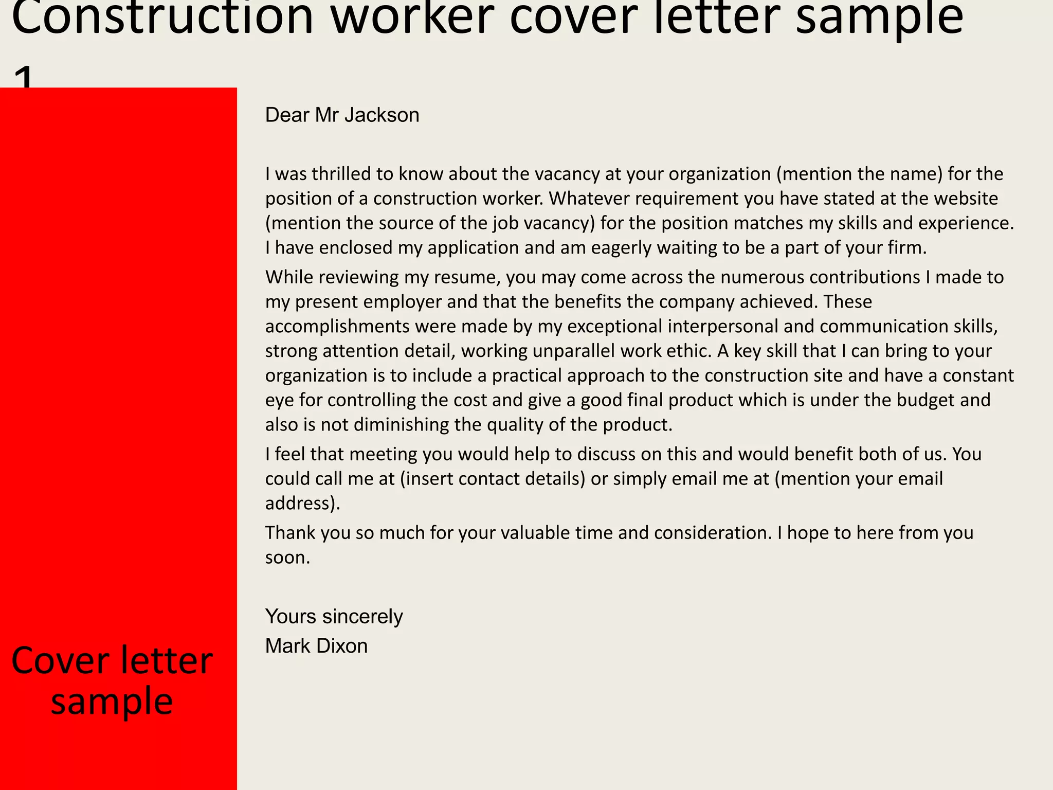 Construction worker cover letter | PPTX