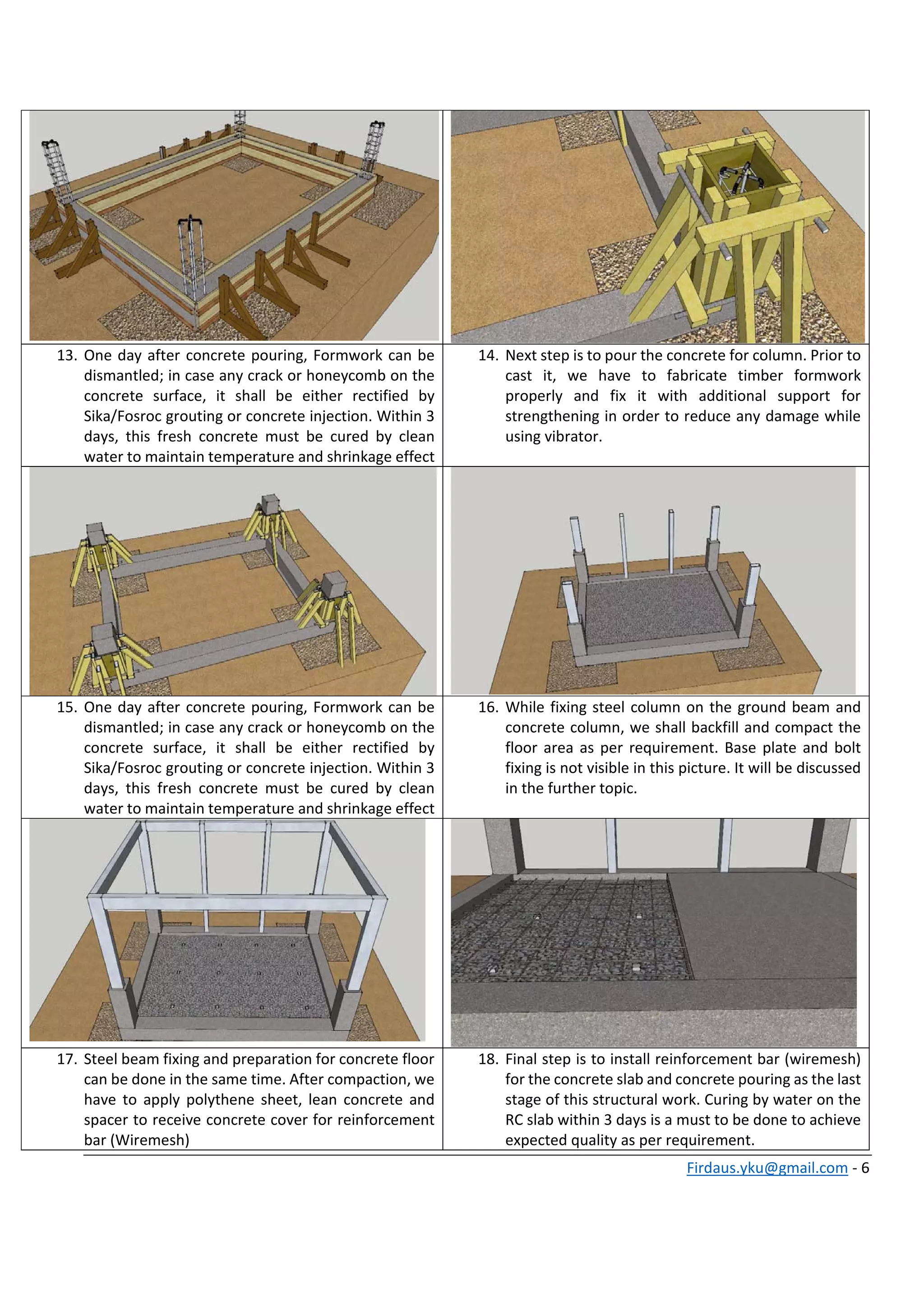 Firdaus.yku@gmail.com ‐ 6 
 
13. One day after concrete pouring, Formwork can be 
dismantled; in case any crack or honeycomb on the 
concrete  surface,  it  shall  be  either  rectified  by 
Sika/Fosroc grouting or concrete injection. Within 3 
days,  this  fresh  concrete  must  be  cured  by  clean 
water to maintain temperature and shrinkage effect 
14. Next step is to pour the concrete for column. Prior to 
cast  it,  we  have  to  fabricate  timber  formwork 
properly  and  fix  it  with  additional  support  for 
strengthening in order to reduce any damage while 
using vibrator.  
15. One day after concrete pouring, Formwork can be 
dismantled; in case any crack or honeycomb on the 
concrete  surface,  it  shall  be  either  rectified  by 
Sika/Fosroc grouting or concrete injection. Within 3 
days,  this  fresh  concrete  must  be  cured  by  clean 
water to maintain temperature and shrinkage effect
16. While fixing steel column on the ground beam and 
concrete column, we shall backfill and compact the 
floor area as per requirement. Base plate and bolt 
fixing is not visible in this picture. It will be discussed 
in the further topic. 
 
17. Steel beam fixing and preparation for concrete floor 
can be done in the same time. After compaction, we 
have  to  apply  polythene sheet,  lean  concrete  and 
spacer to receive concrete cover for reinforcement 
bar (Wiremesh) 
18. Final step is to install reinforcement bar (wiremesh) 
for the concrete slab and concrete pouring as the last 
stage of this structural work. Curing by water on the 
RC slab within 3 days is a must to be done to achieve 
expected quality as per requirement.  
 