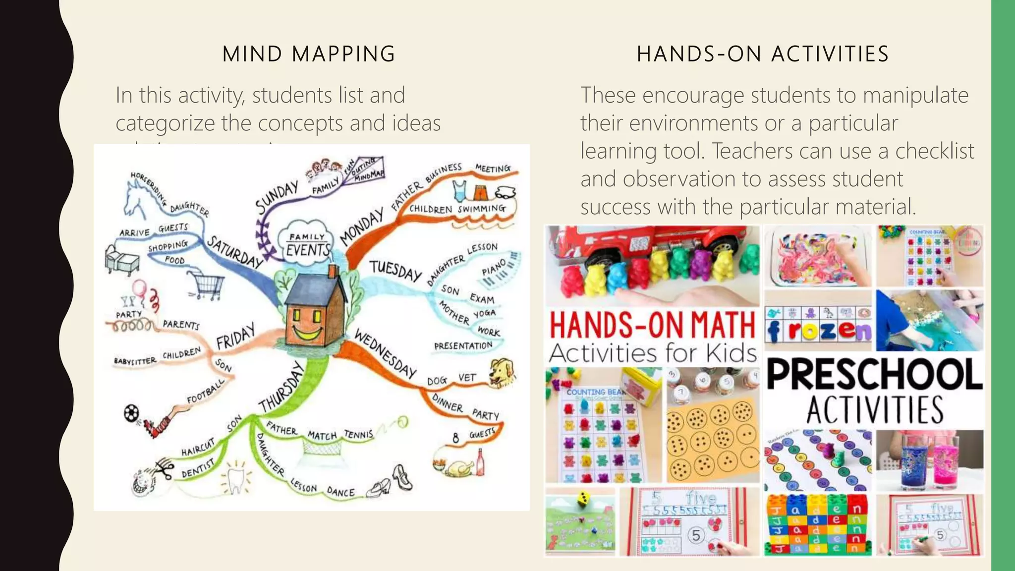 MIND MAPPING
In this activity, students list and
categorize the concepts and ideas
relating to a topic.
HANDS-ON ACTIVITIES
These encourage students to manipulate
their environments or a particular
learning tool. Teachers can use a checklist
and observation to assess student
success with the particular material.
 