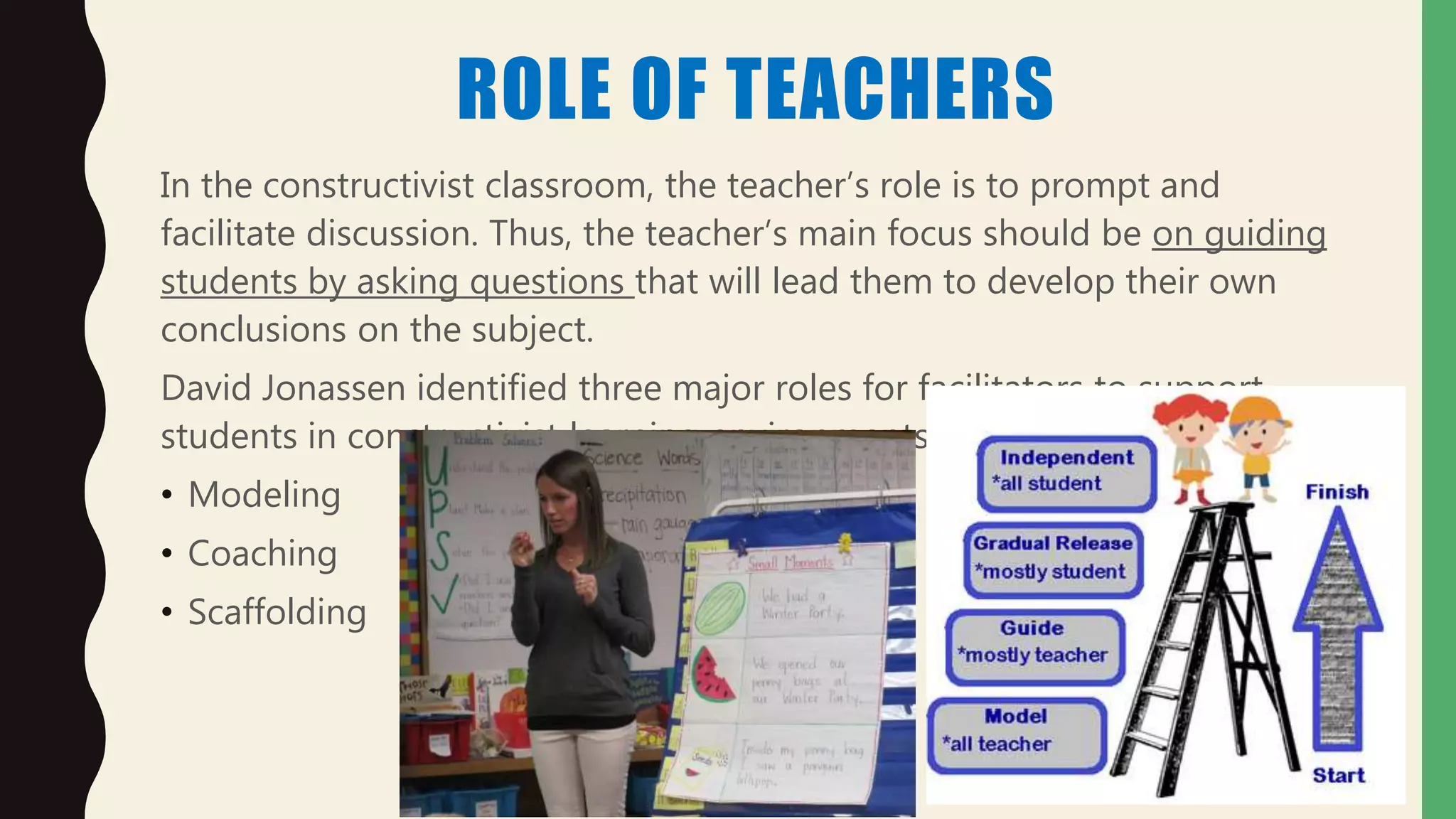 ROLE OF TEACHERS
In the constructivist classroom, the teacher’s role is to prompt and
facilitate discussion. Thus, the teacher’s main focus should be on guiding
students by asking questions that will lead them to develop their own
conclusions on the subject.
David Jonassen identified three major roles for facilitators to support
students in constructivist learning environments:
• Modeling
• Coaching
• Scaffolding
 