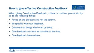 licensed under a Creative Commons Attribution 3.0
How to give effective Constructive Feedback
When giving Constructive Feedback , critical or positive, you should try
to do the following things:
• Focus on the situation and not the person.
• Be specific with your feedback.
• Comment on things which can be done.
• Give feedback as close as possible to the time.
• Give feedback face-to-face.
13
 