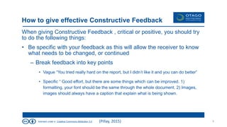 licensed under a Creative Commons Attribution 3.0
How to give effective Constructive Feedback
When giving Constructive Feedback , critical or positive, you should try
to do the following things:
• Be specific with your feedback as this will allow the receiver to know
what needs to be changed, or continued
– Break feedback into key points
• Vague “You tried really hard on the report, but I didn’t like it and you can do better”
• Specific “ Good effort, but there are some things which can be improved. 1)
formatting, your font should be the same through the whole document. 2) Images,
images should always have a caption that explain what is being shown.
9(Pillay, 2015)
 