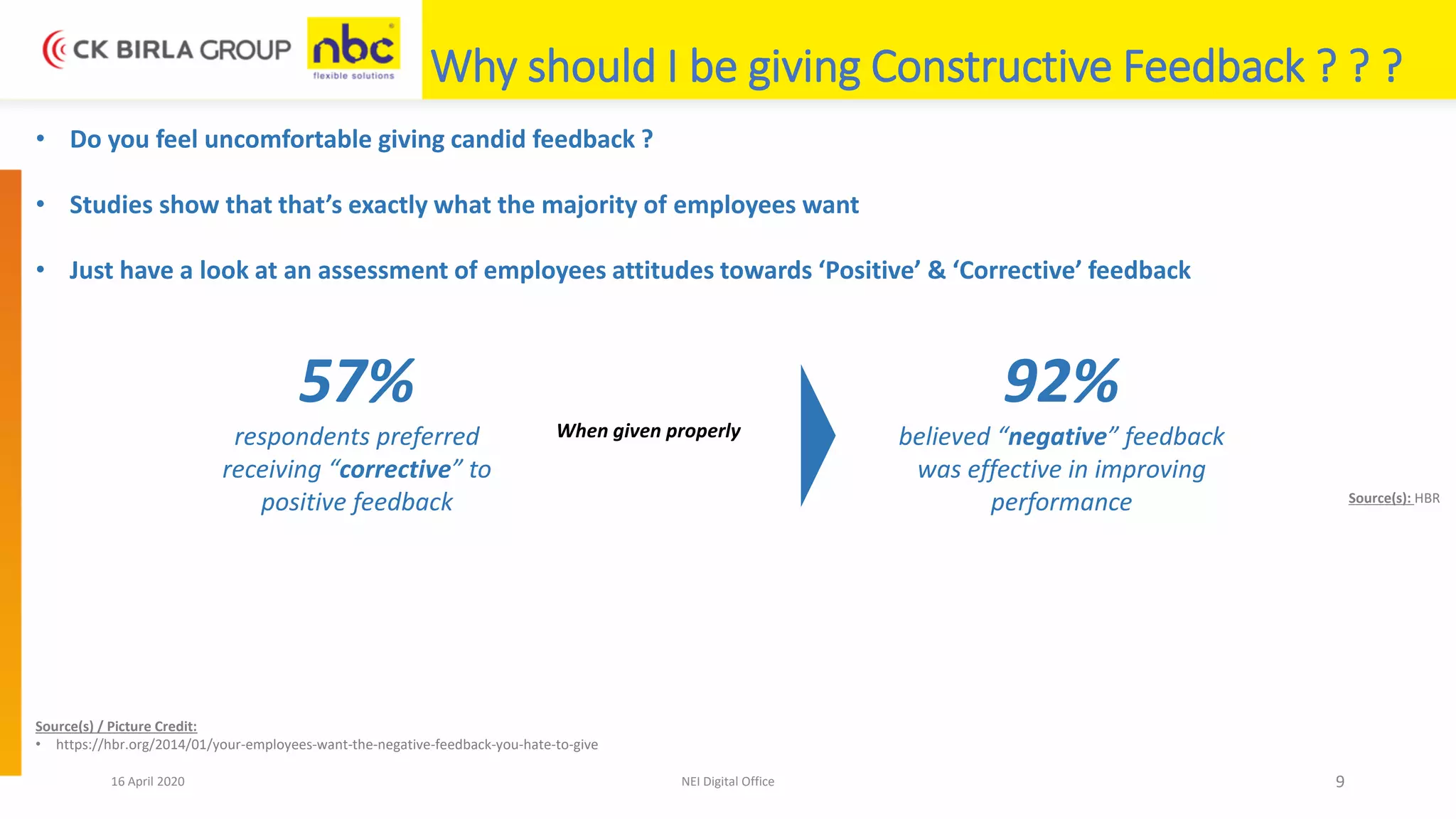 16 April 2020 NEI Digital Office 9
Why should I be giving Constructive Feedback ? ? ?
• Do you feel uncomfortable giving candid feedback ?
• Studies show that that’s exactly what the majority of employees want
• Just have a look at an assessment of employees attitudes towards ‘Positive’ & ‘Corrective’ feedback
57%
respondents preferred
receiving “corrective” to
positive feedback
92%
believed “negative” feedback
was effective in improving
performance
When given properly
Source(s) / Picture Credit:
• https://hbr.org/2014/01/your-employees-want-the-negative-feedback-you-hate-to-give
Source(s): HBR
 