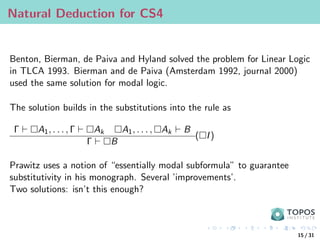 Natural Deduction for CS4
Benton, Bierman, de Paiva and Hyland solved the problem for Linear Logic
in TLCA 1993. Bierman and de Paiva (Amsterdam 1992, journal 2000)
used the same solution for modal logic.
The solution builds in the substitutions into the rule as
Γ ` A1, . . . , Γ ` Ak A1, . . . , Ak ` B
Γ ` B
(I)
Prawitz uses a notion of “essentially modal subformula” to guarantee
substitutivity in his monograph. Several ’improvements’.
Two solutions: isn’t this enough?
15 / 31
 
