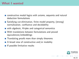 What I wanted
constructive modal logics with axioms, sequents and natural
deduction formulations
Satisfying cut-elimination, finite model property, (strong)
normalization, confluence and decidability
with algebraic, Kripke and categorical semantics
With translations between formulations and proved
equivalences/embeddings
Translating proofs more than simply theorems
A broad view of constructive and/or modality
If possible limitative results
16 / 31
 