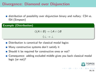 Divergence: Diamond over Disjunction
distribution of possibility over disjunction binary and nullary: CS4 vs.
IS4 (Simpson)
Example (Distribution)
♦(A ∨ B) → ♦A ∨ ♦B
♦⊥ → ⊥
Distribution is canonical for classical modal logics
Many constructive systems don’t satisfy it
Should it be required for constructive ones or not?
Consequence: adding excluded middle gives you back classical modal
logic (or not)?
19 / 31
 