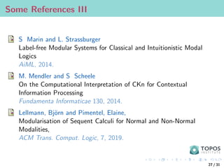 Some References III
S Marin and L. Strassburger
Label-free Modular Systems for Classical and Intuitionistic Modal
Logics
AiML, 2014.
M. Mendler and S Scheele
On the Computational Interpretation of CKn for Contextual
Information Processing
Fundamenta Informaticae 130, 2014.
Lellmann, Björn and Pimentel, Elaine,
Modularisation of Sequent Calculi for Normal and Non-Normal
Modalities,
ACM Trans. Comput. Logic, 7, 2019.
27 / 31
 