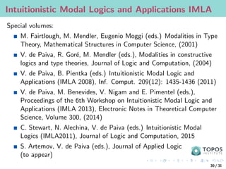 Intuitionistic Modal Logics and Applications IMLA
Special volumes:
M. Fairtlough, M. Mendler, Eugenio Moggi (eds.) Modalities in Type
Theory, Mathematical Structures in Computer Science, (2001)
V. de Paiva, R. Goré, M. Mendler (eds.), Modalities in constructive
logics and type theories, Journal of Logic and Computation, (2004)
V. de Paiva, B. Pientka (eds.) Intuitionistic Modal Logic and
Applications (IMLA 2008), Inf. Comput. 209(12): 1435-1436 (2011)
V. de Paiva, M. Benevides, V. Nigam and E. Pimentel (eds.),
Proceedings of the 6th Workshop on Intuitionistic Modal Logic and
Applications (IMLA 2013), Electronic Notes in Theoretical Computer
Science, Volume 300, (2014)
C. Stewart, N. Alechina, V. de Paiva (eds.) Intuitionistic Modal
Logics (IMLA2011), Journal of Logic and Computation, 2015
S. Artemov, V. de Paiva (eds.), Journal of Applied Logic
(to appear)
30 / 31
 
