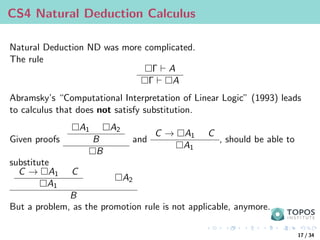 CS4 Natural Deduction Calculus
Natural Deduction ND was more complicated.
The rule
Γ ` A
Γ ` A
Abramsky’s “Computational Interpretation of Linear Logic” (1993) leads
to calculus that does not satisfy substitution.
Given proofs
A1 A2
B
B
and
C → A1 C
A1
, should be able to
substitute
C → A1 C
A1
A2
B
But a problem, as the promotion rule is not applicable, anymore.
17 / 34
 
