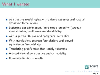 What I wanted
constructive modal logics with axioms, sequents and natural
deduction formulations
Satisfying cut-elimination, finite model property, (strong)
normalization, confluence and decidability
with algebraic, Kripke and categorical semantics
With translations between formulations and proved
equivalences/embeddings
Translating proofs more than simply theorems
A broad view of constructive and/or modality
If possible limitative results
19 / 34
 