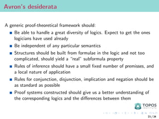 Avron’s desiderata
A generic proof-theoretical framework should:
Be able to handle a great diversity of logics. Expect to get the ones
logicians have used already
Be independent of any particular semantics
Structures should be built from formulae in the logic and not too
complicated, should yield a “real” subformula property
Rules of inference should have a small fixed number of premisses, and
a local nature of application
Rules for conjunction, disjunction, implication and negation should be
as standard as possible
Proof systems constructed should give us a better understanding of
the corresponding logics and the differences between them
21 / 34
 