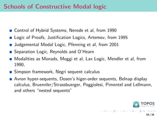 Schools of Constructive Modal logic
Control of Hybrid Systems, Nerode et al, from 1990
Logic of Proofs, Justification Logics, Artemov, from 1995
Judgemental Modal Logic, Pfenning et al, from 2001
Separation Logic, Reynolds and O’Hearn
Modalities as Monads, Moggi et al, Lax Logic, Mendler et al, from
1990,
Simpson framework, Negri sequent calculus
Avron hyper-sequents, Dosen’s higer-order sequents, Belnap display
calculus, Bruennler/Strassbuerger, Poggiolesi, Pimentel and Lellmann,
and others “nested sequents”
34 / 34
 