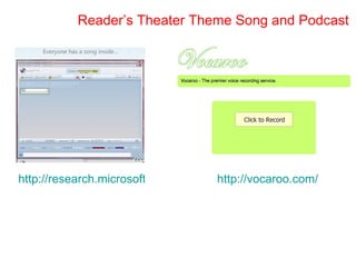 Reader’s Theater Theme Song and Podcast http://vocaroo.com/ http://research.microsoft.com/en-us/um/redmond/projects/songsmith/ 