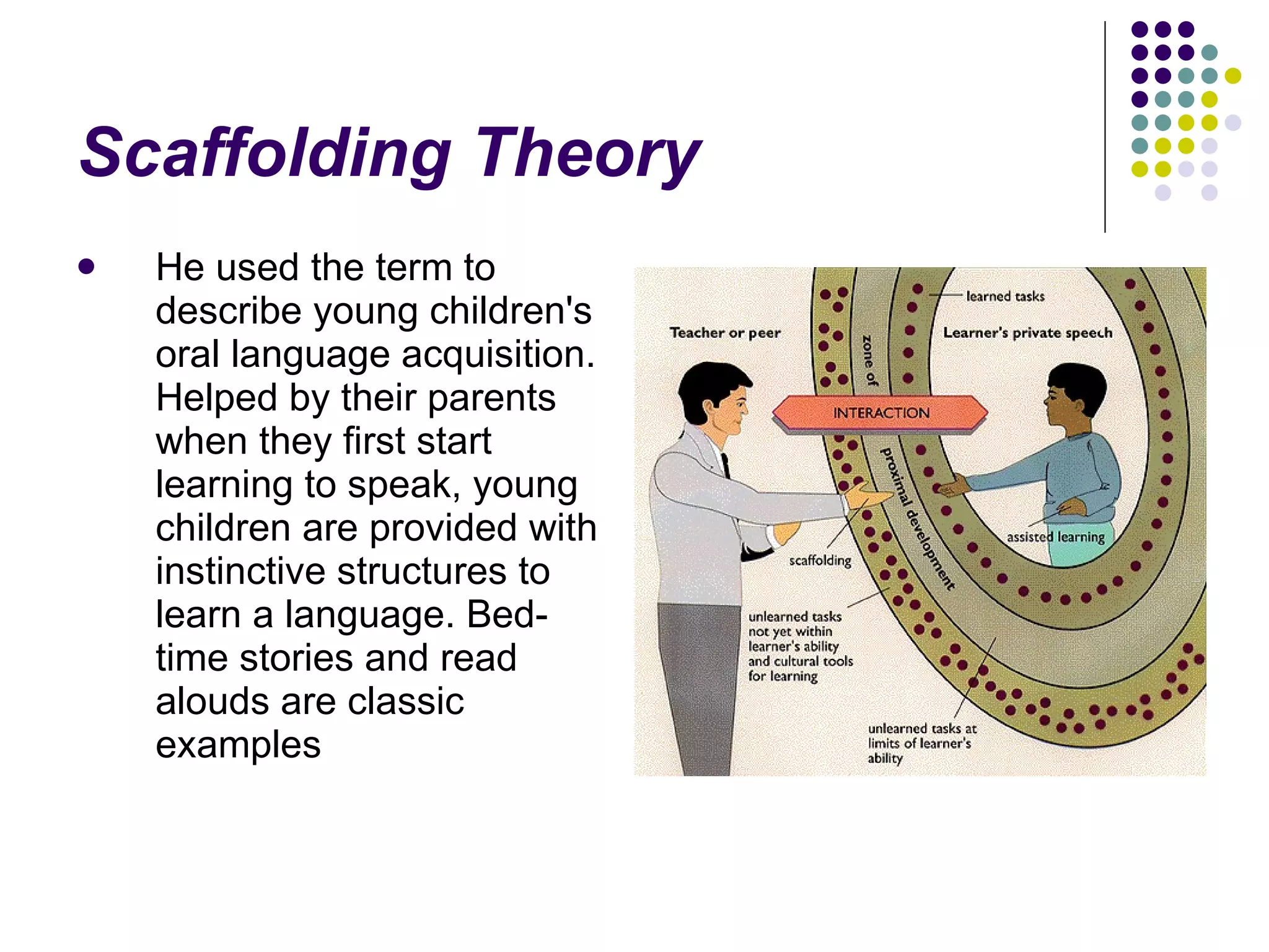 Scaffolding Theory He used the term to describe young children's oral language acquisition. Helped by their parents when they first start learning to speak, young children are provided with instinctive structures to learn a language. Bed-time stories and read alouds are classic examples 