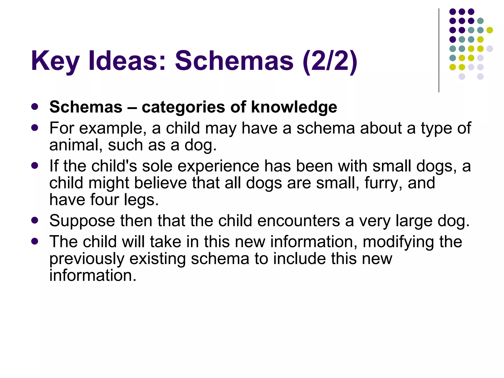 Key Ideas: Schemas (2/2) Schemas – categories of knowledge For example, a child may have a schema about a type of animal, such as a dog.  If the child's sole experience has been with small dogs, a child might believe that all dogs are small, furry, and have four legs.  Suppose then that the child encounters a very large dog.  The child will take in this new information, modifying the previously existing schema to include this new information. 