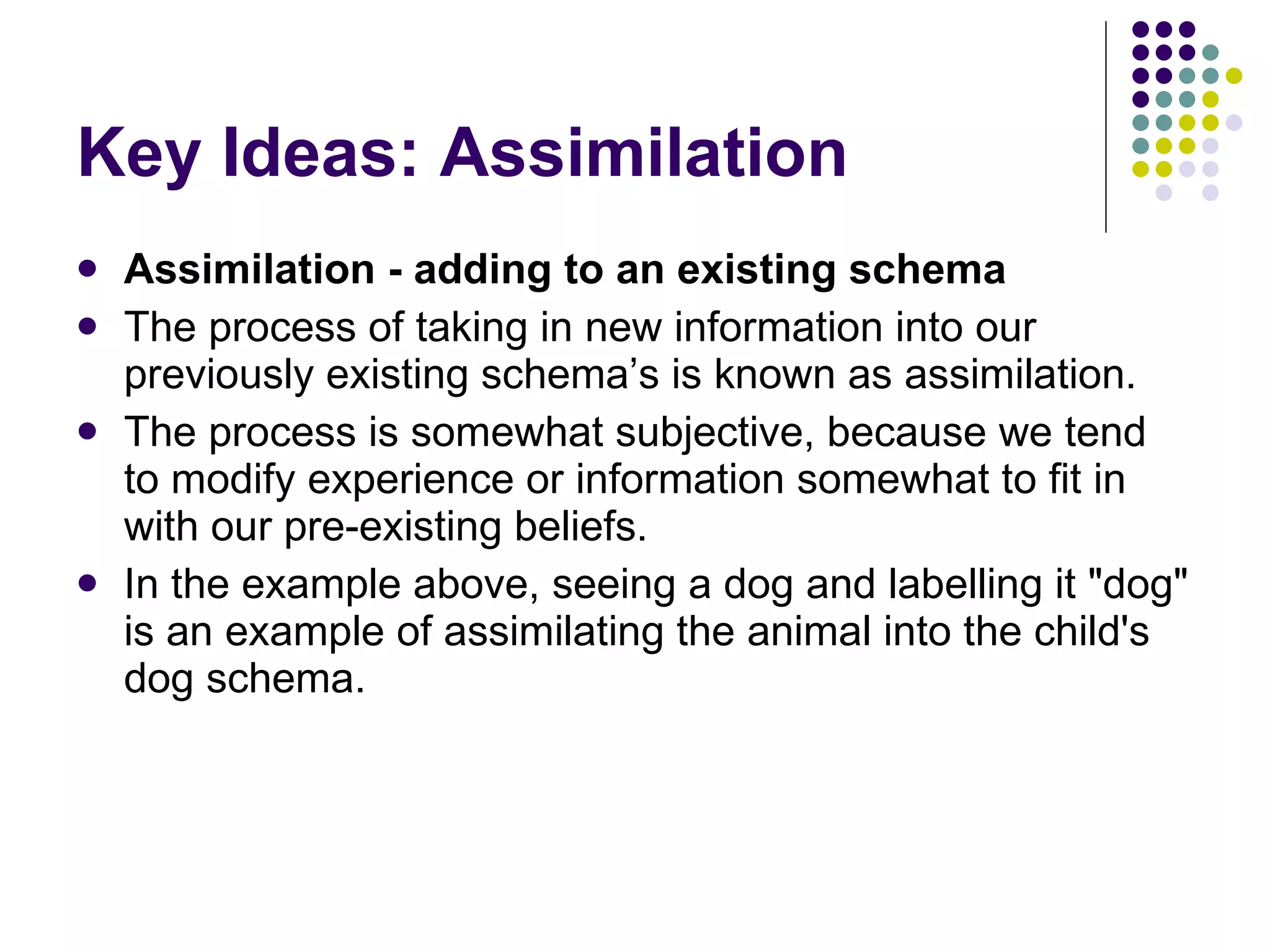 Key Ideas: Assimilation Assimilation - adding to an existing schema The process of taking in new information into our previously existing schema’s is known as assimilation.  The process is somewhat subjective, because we tend to modify experience or information somewhat to fit in with our pre-existing beliefs.  In the example above, seeing a dog and labelling it "dog" is an example of assimilating the animal into the child's dog schema. 