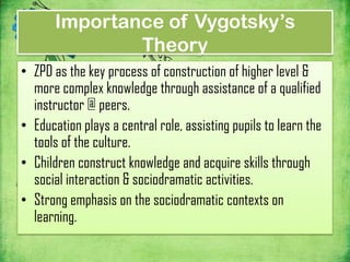 Importance of Vygotsky’s
               Theory
• ZPD as the key process of construction of higher level &
  more complex knowledge through assistance of a qualified
  instructor @ peers.
• Education plays a central role, assisting pupils to learn the
  tools of the culture.
• Children construct knowledge and acquire skills through
  social interaction & sociodramatic activities.
• Strong emphasis on the sociodramatic contexts on
  learning.
 