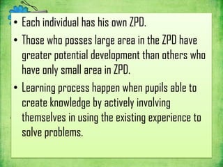 • Each individual has his own ZPD.
• Those who posses large area in the ZPD have
  greater potential development than others who
  have only small area in ZPD.
• Learning process happen when pupils able to
  create knowledge by actively involving
  themselves in using the existing experience to
  solve problems.
 