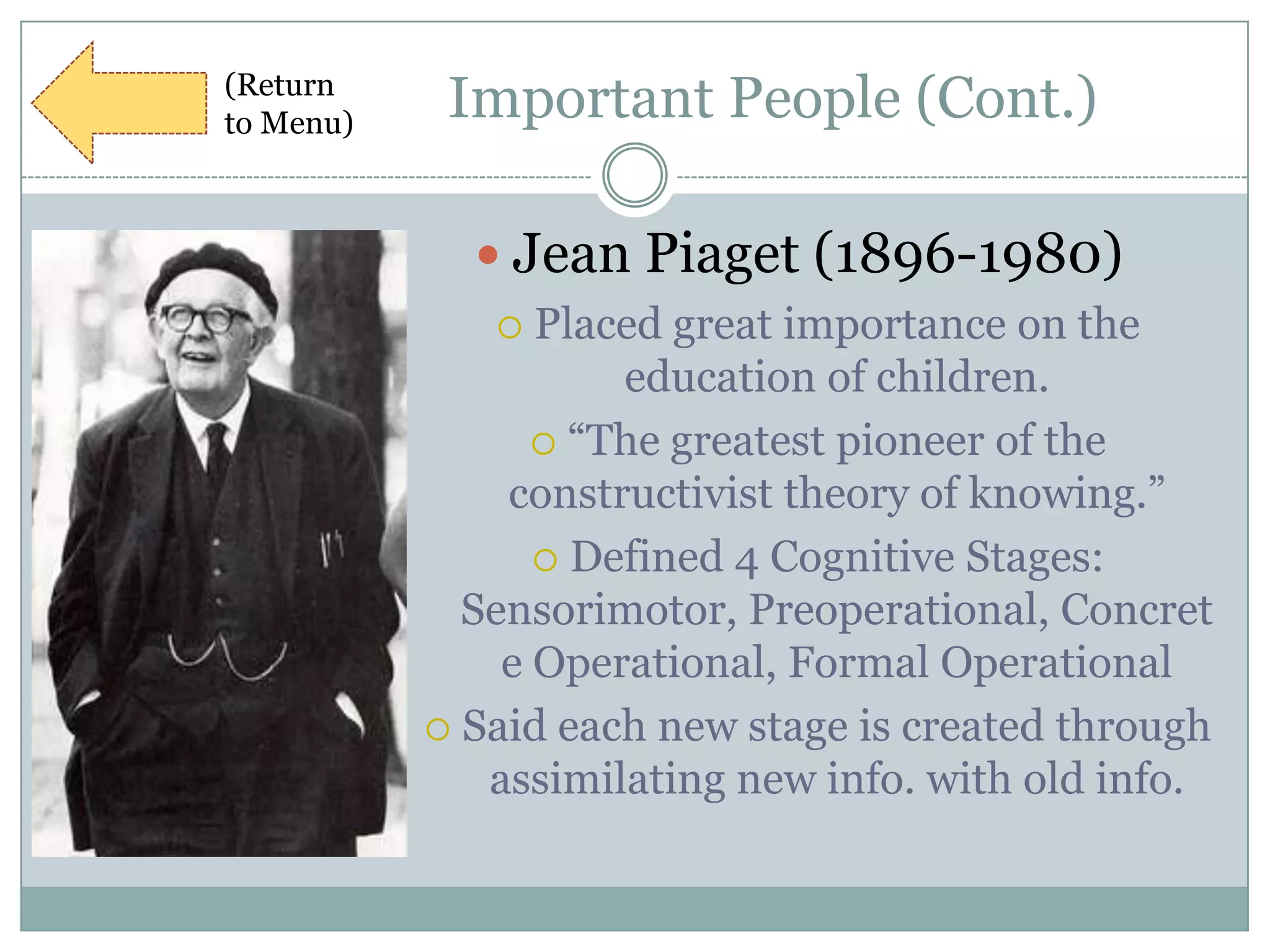 (Return
to Menu)
            Important People (Cont.)

              Jean Piaget (1896-1980)
                Placed great importance on the
                     education of children.
                  “The greatest pioneer of the
               constructivist theory of knowing.”
                  Defined 4 Cognitive Stages:
             Sensorimotor, Preoperational, Concret
               e Operational, Formal Operational
            Said each new stage is created through
              assimilating new info. with old info.
 