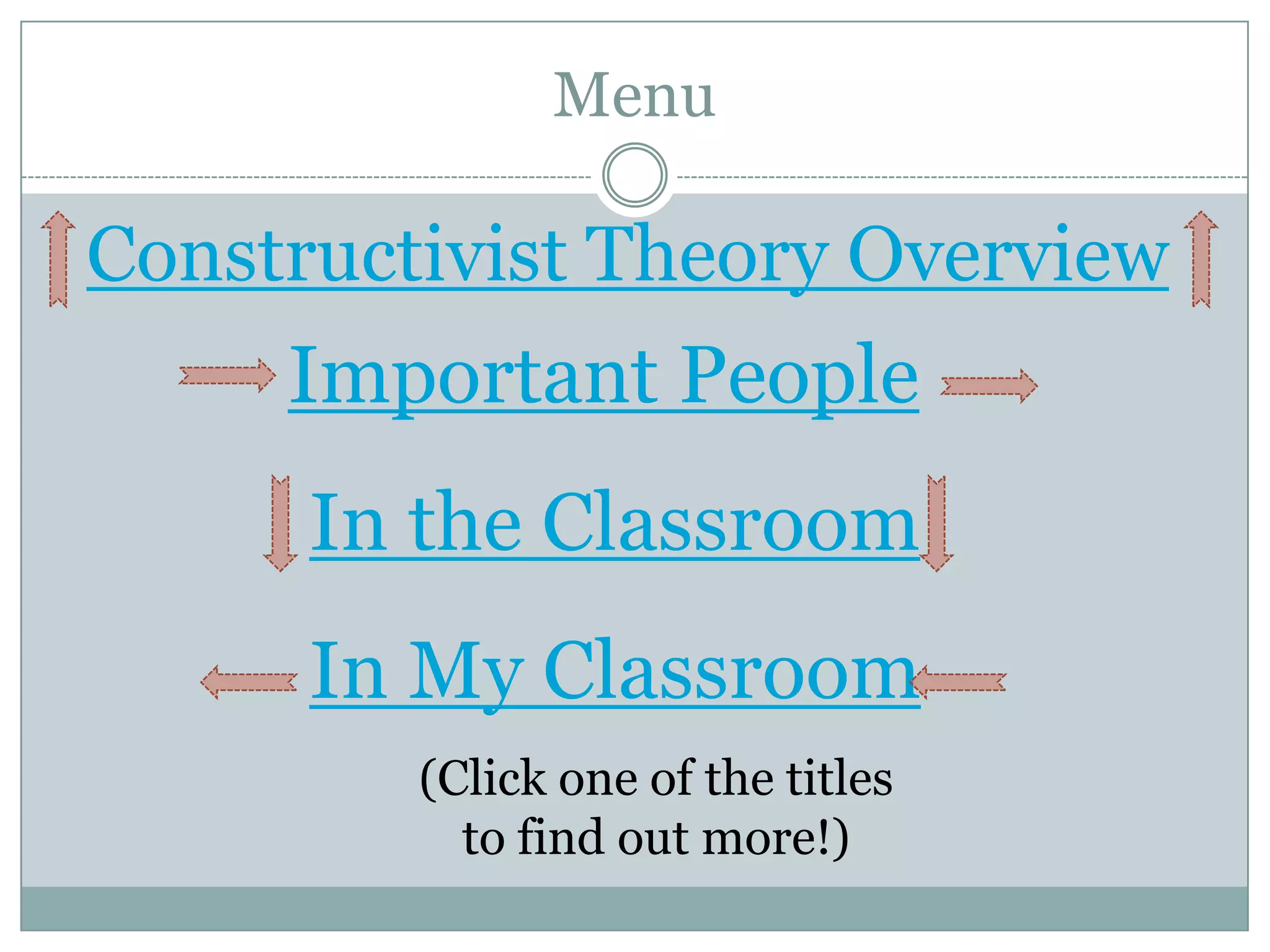 Menu

Constructivist Theory Overview
     Important People
      In the Classroom
      In My Classroom
         (Click one of the titles
           to find out more!)
 