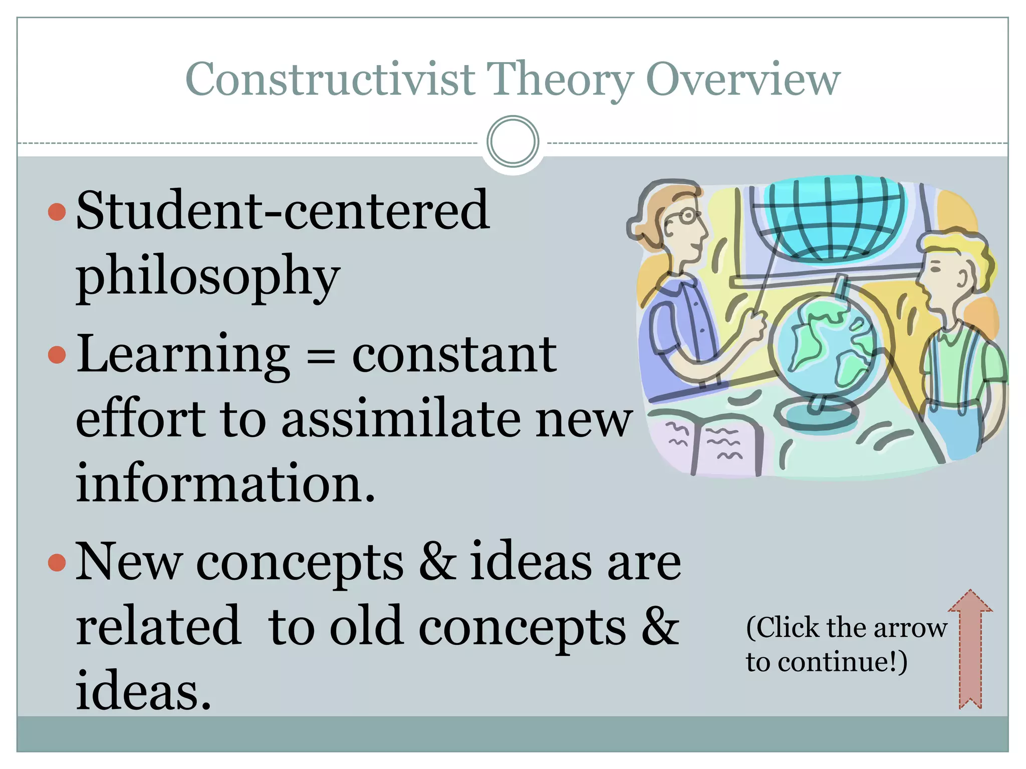 Constructivist Theory Overview

 Student-centered
  philosophy
 Learning = constant
  effort to assimilate new
  information.
 New concepts & ideas are
  related to old concepts &   (Click the arrow
                              to continue!)
  ideas.
 