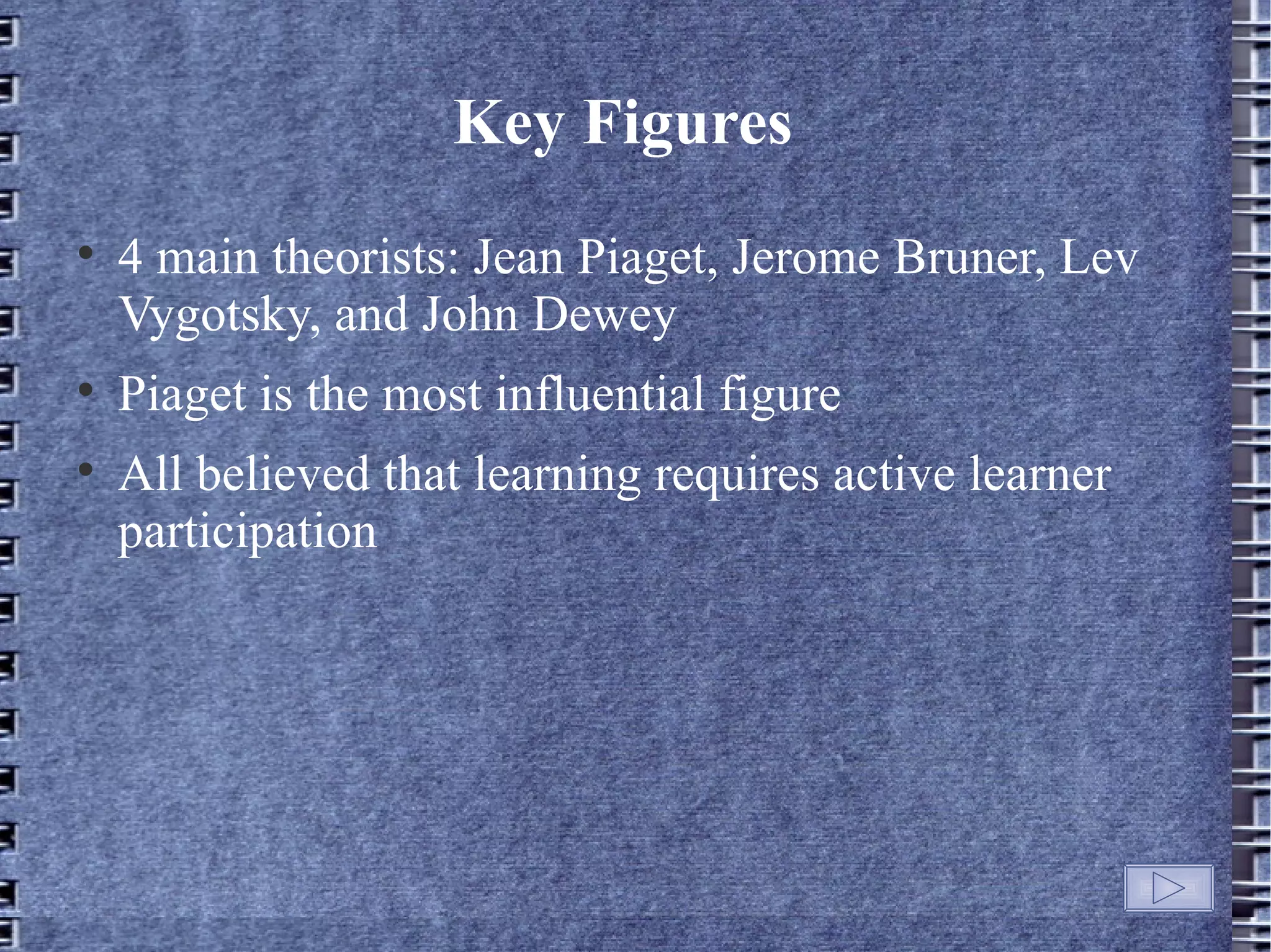 Key Figures

    4 main theorists: Jean Piaget, Jerome Bruner, Lev
    Vygotsky, and John Dewey

    Piaget is the most influential figure

    All believed that learning requires active learner
    participation
 
