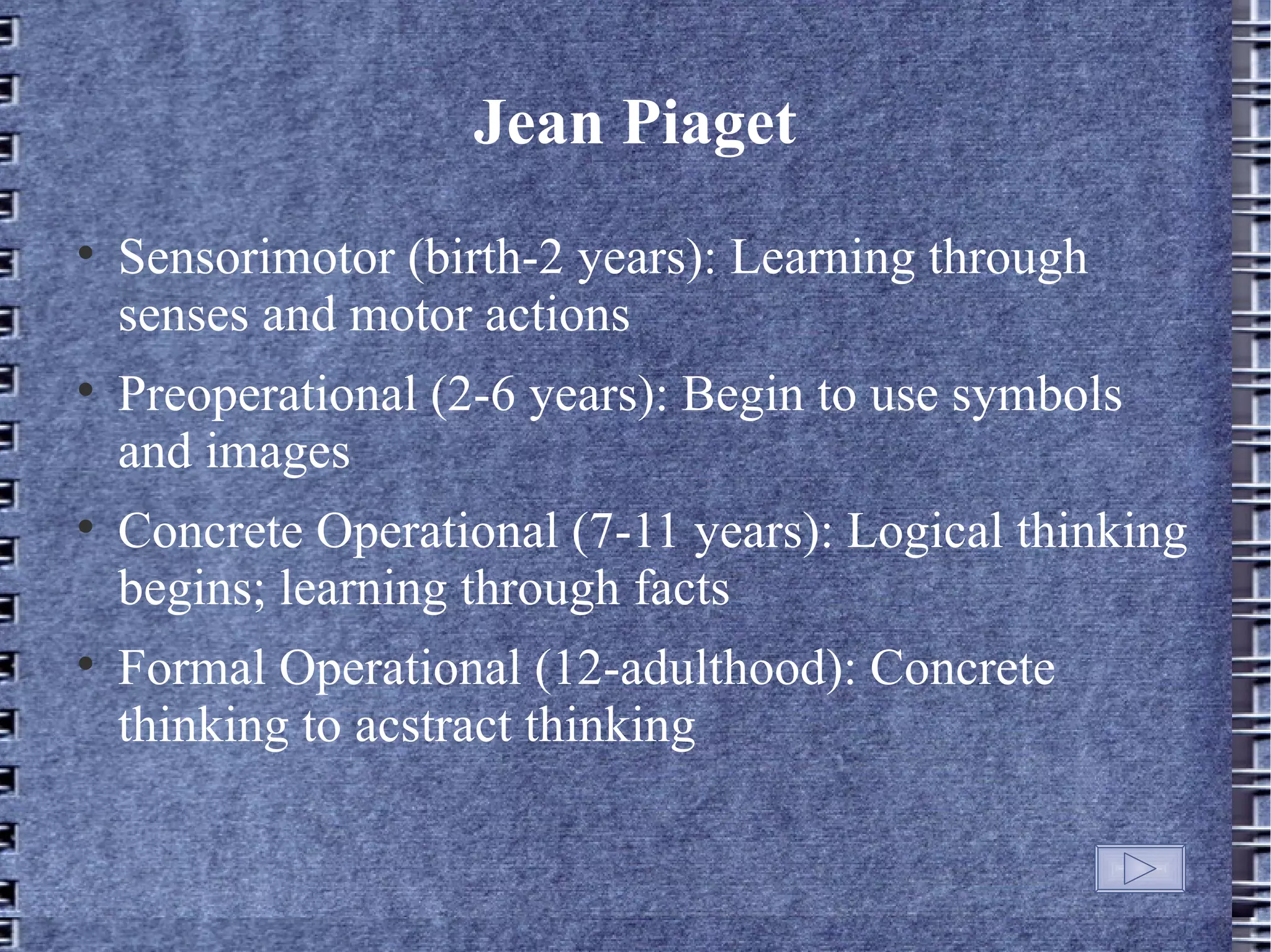 Jean Piaget

    Sensorimotor (birth-2 years): Learning through
    senses and motor actions

    Preoperational (2-6 years): Begin to use symbols
    and images

    Concrete Operational (7-11 years): Logical thinking
    begins; learning through facts

    Formal Operational (12-adulthood): Concrete
    thinking to acstract thinking
 