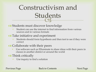 Constructivism and
                Students
                                    
   Students must discover knowledge
     •   Student can use the internet to find information from various
         sources and in various formats
   Take initiative and experiment
     •   Students should form hypothesis and then test to see if they were
         correct
   Collaborate with their peers
     •   Use software such as Elluminate to share ideas with their peers in
         classes in another district or around the world
   Think critically
     •   Use inquiry to find a solution


Previous Page                 Back to Contents                    Next Page
 