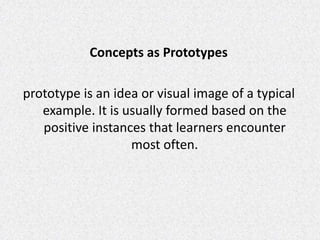 Concepts as Prototypes
prototype is an idea or visual image of a typical
example. It is usually formed based on the
positive instances that learners encounter
most often.
 