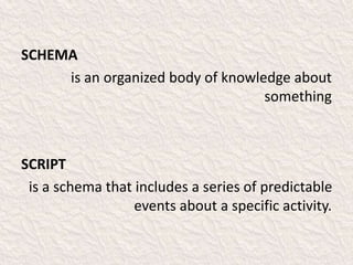 SCHEMA
is an organized body of knowledge about
something
SCRIPT
is a schema that includes a series of predictable
events about a specific activity.
 