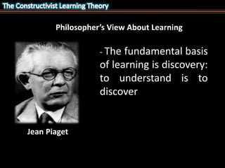 Philosopher’s View About Learning 
- The fundamental basis 
of learning is discovery: 
to understand is to 
discover 
Jean Piaget 
 