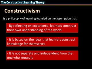 Is a philosophy of learning founded on the assumption that: 
- By reflecting on experience, learners construct 
their own understanding of the world 
- It is based on the idea that learners construct 
knowledge for themselves 
- It is not separate and independent from the 
one who knows it 
 