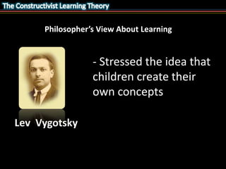 Philosopher’s View About Learning 
- Stressed the idea that 
children create their 
own concepts 
Lev Vygotsky 
 