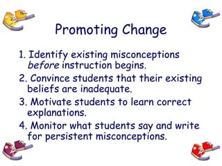 Promoting Change
1. Identify existing misconceptions
before instruction begins.
2. Convince students that their existing
beliefs are inadequate.
3. Motivate students to learn correct
explanations.
4. Monitor what students say and write
for persistent misconceptions.
 